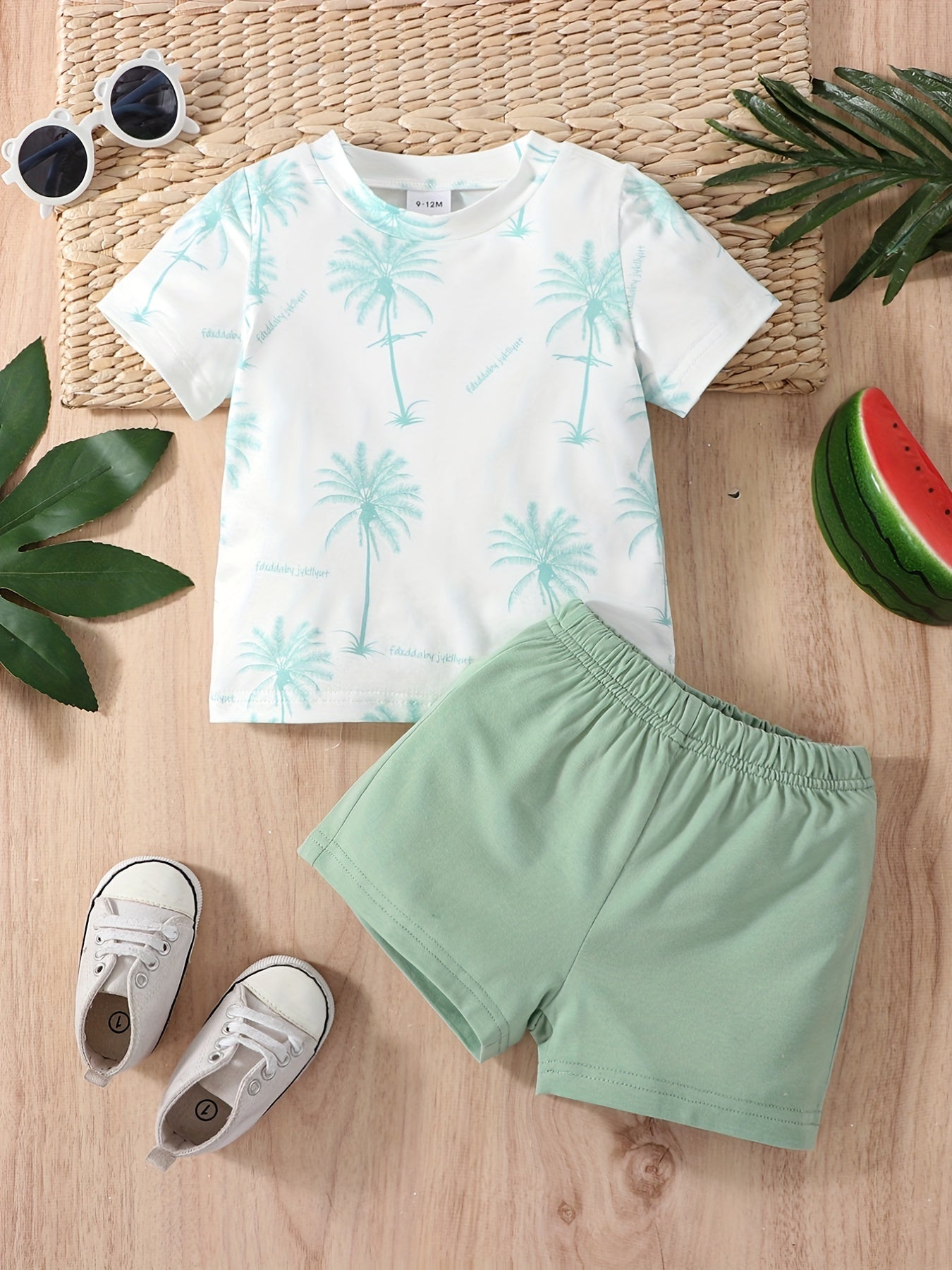 Baby Boys Coconut Tree Print T-shirt & Shorts Set Summer Beach Vacation Clothes