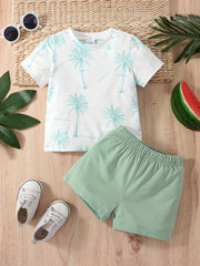 Baby Boys Coconut Tree Print T-shirt & Shorts Set Summer Beach Vacation Clothes
