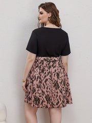  Colorblock Leopard Print Round Neck Casual Dress With Belt