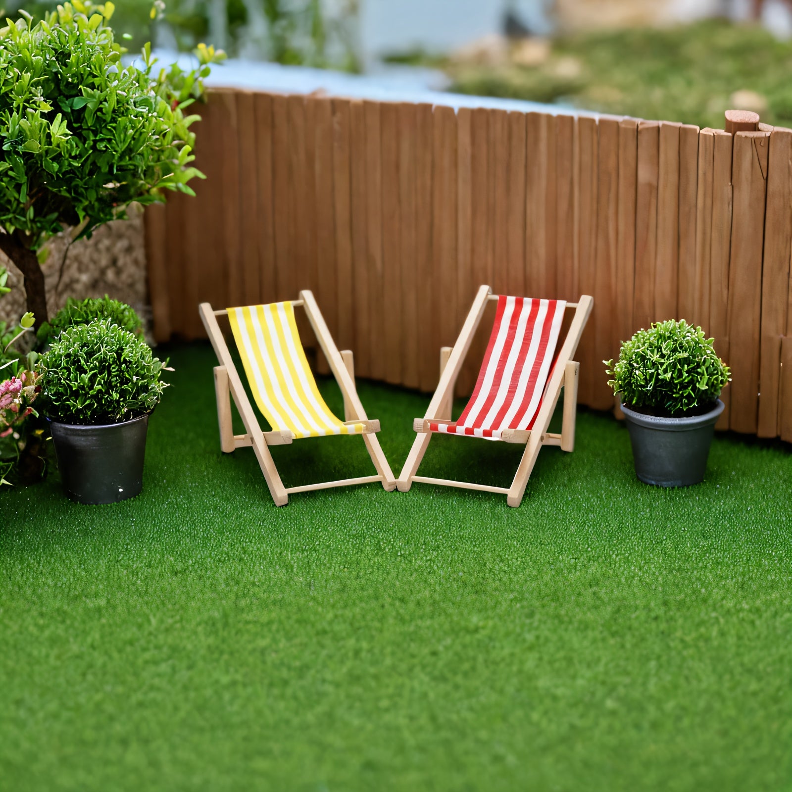 1:12 Scale Wooden Beach Chair w/ Striped Cushions, Foldable Longue Deck Chair