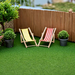 1:12 Scale Wooden Beach Chair w/ Striped Cushions, Foldable Longue Deck Chair