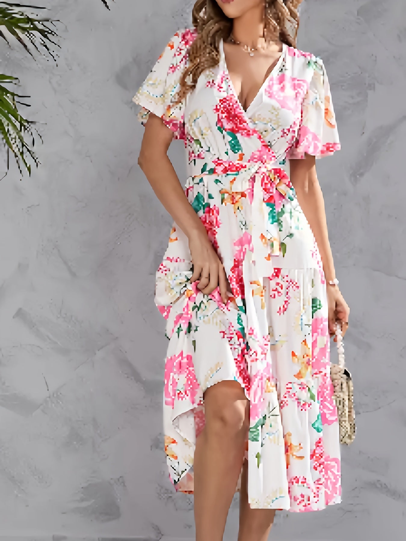  Floral Print Butterfly Sleeve Smock Pleated Dress