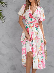  Floral Print Butterfly Sleeve Smock Pleated Dress