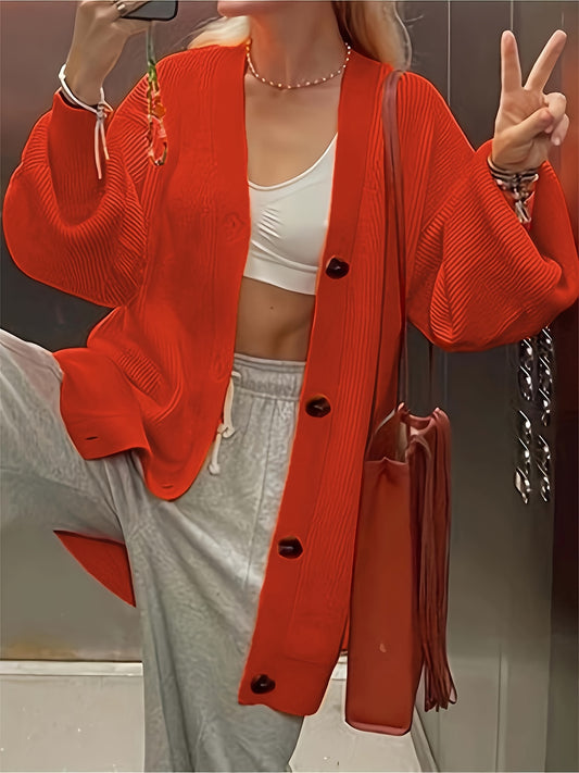  Solid Button Up Lantern Sleeve Cardigan