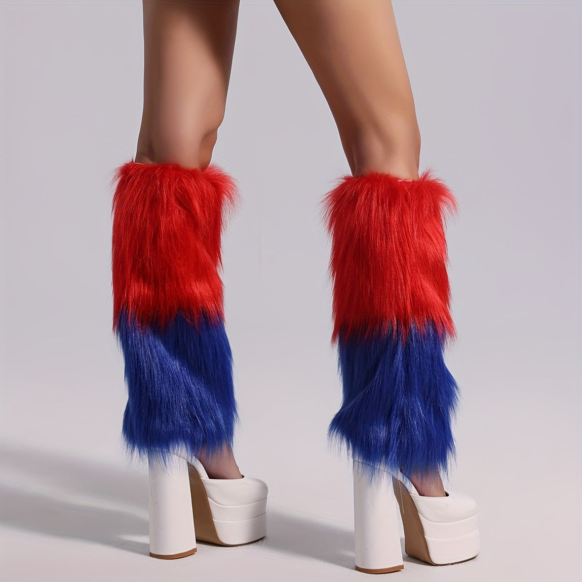 Colorblock Fuzzy Leg Warmers Warm Knee High Socks Women's Stockings