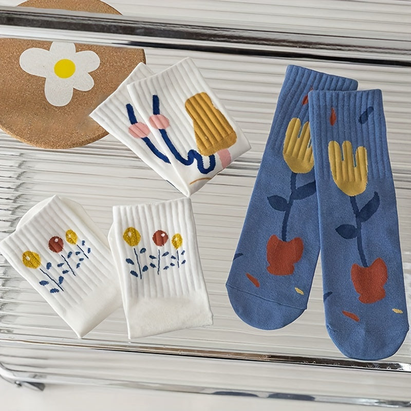 3 pairs Floral Print Socks Women's Stockings & Hosiery