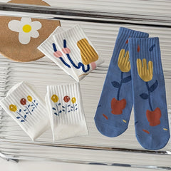 3 pairs Floral Print Socks Women's Stockings & Hosiery