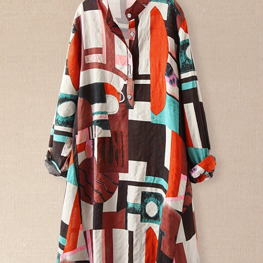  Colorblock Geometric Print Shirt Dress