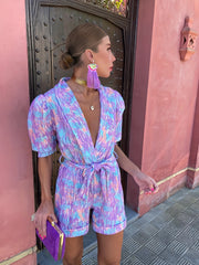 Print V Neck Belted Romper Jumpsuit Puff Sleeve Summer Women's Clothing