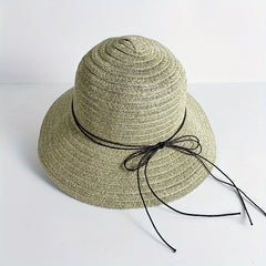 Sun Embroidery Straw Hat Ribbon Bowknot Drawstring Adjustable