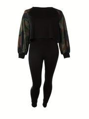  Colorblock Camo Print One Shoulder Top & Pants Set