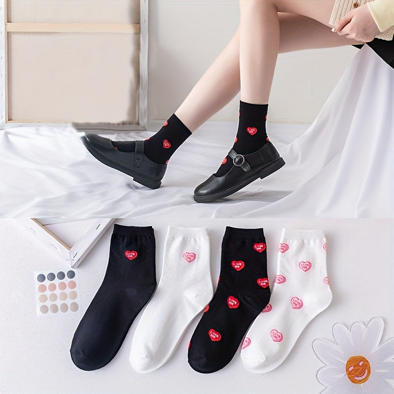 4 Pairs Heart Print Socks Comfy & Breathable Women's Stockings