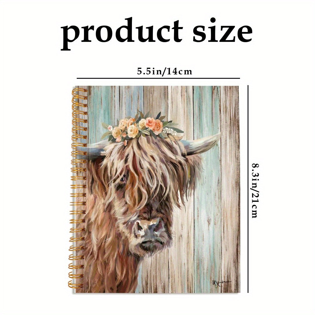Highland Cow Notebook Rustic Wooden Background 13x21cm 50 Pages