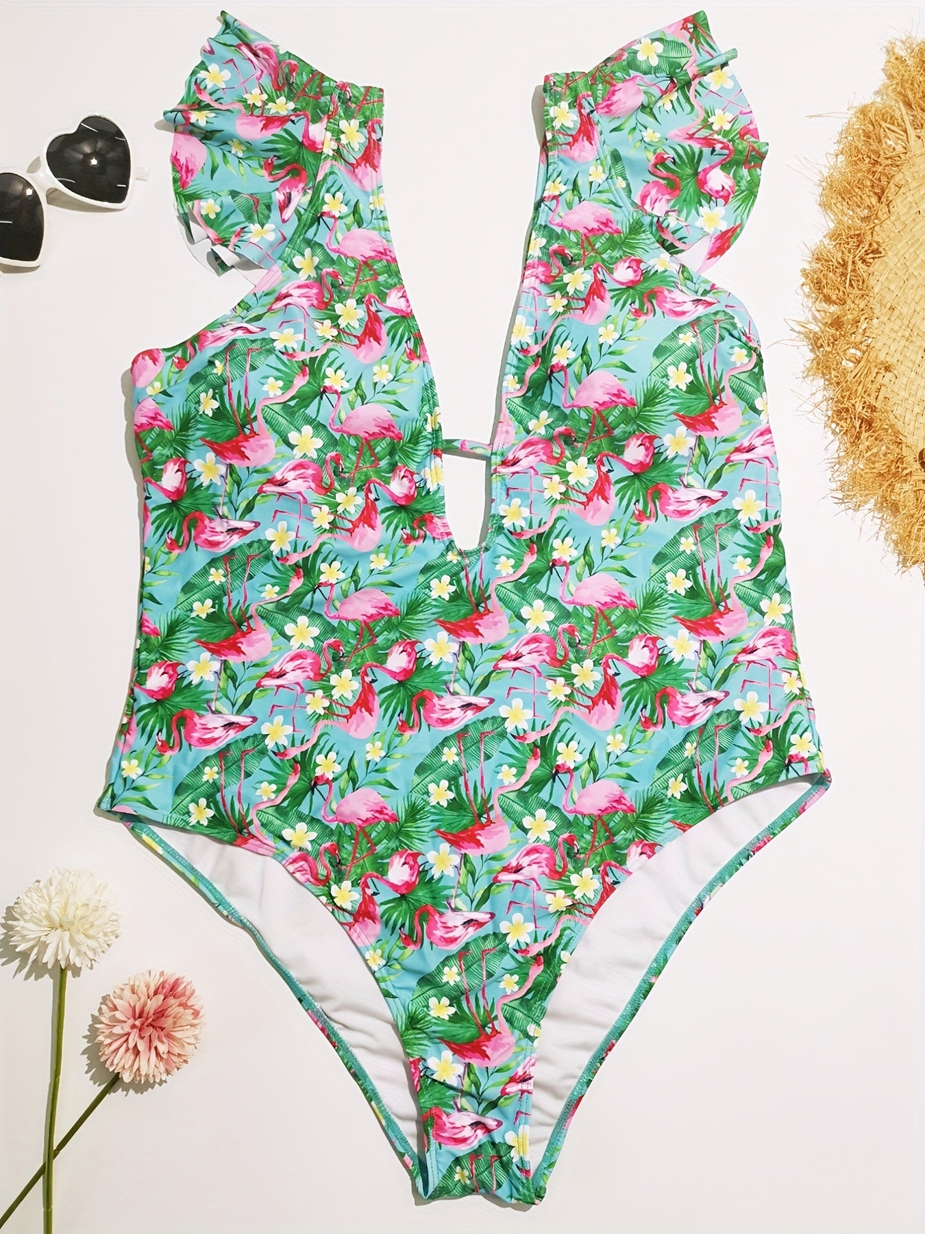  Sexy One Piece Swimsuit Women's Plus Tropical Print Cap Sleeve V Neck