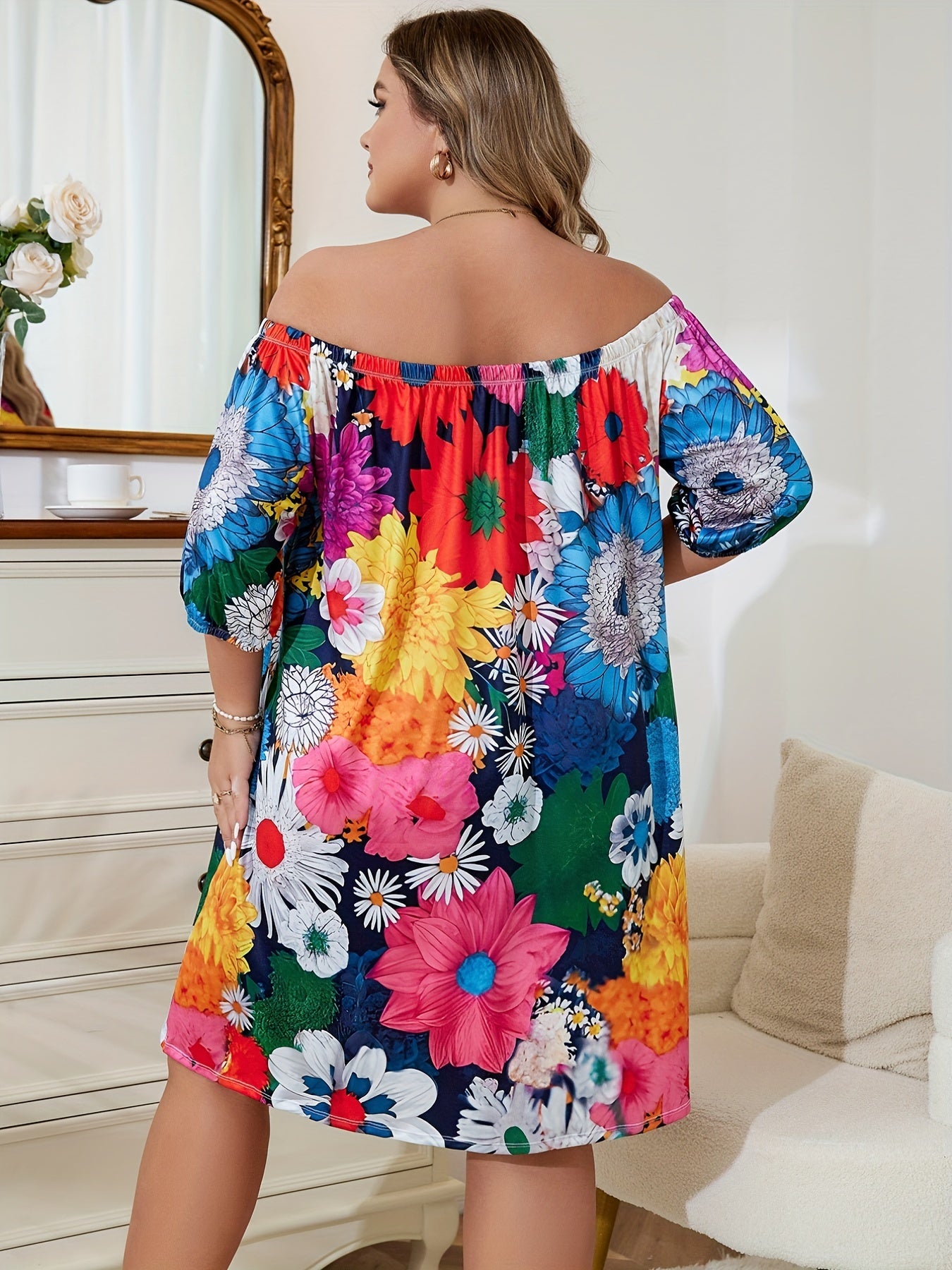 Floral Print Off Shoulder Puff Sleeve Plus Size Lounge Dress