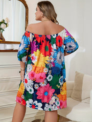 Floral Print Off Shoulder Puff Sleeve Plus Size Lounge Dress