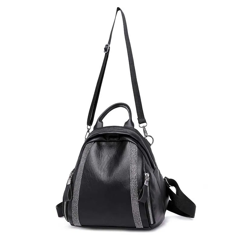 Women PU Backpack with Rhinestone Decor Soft Leather Female Daypack