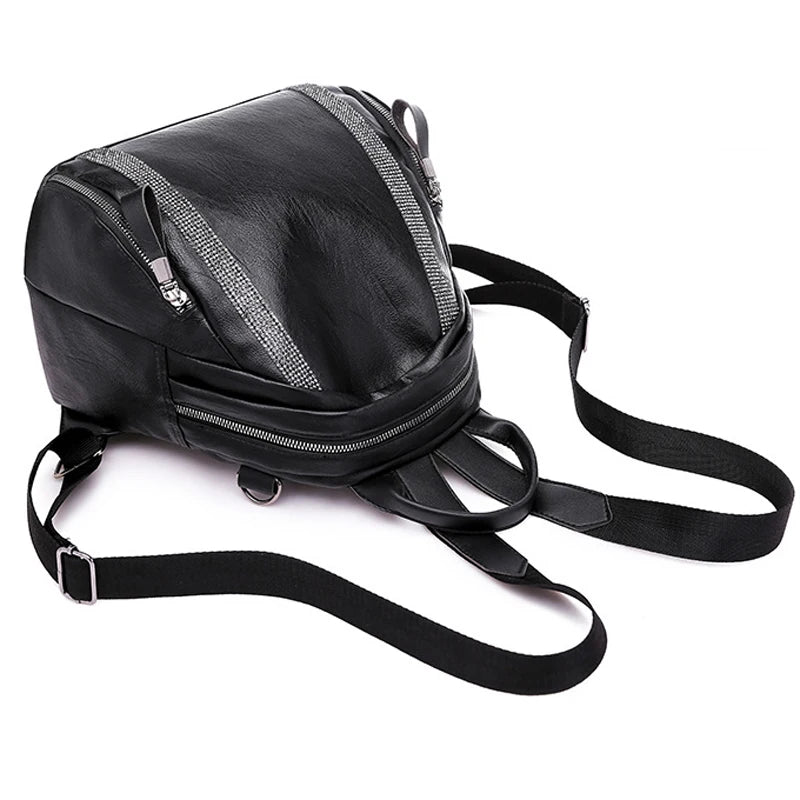Women PU Backpack with Rhinestone Decor Soft Leather Female Daypack