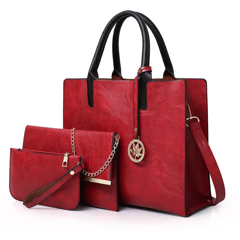 3PCS Women's Bag Set PU Leather Solid Messenger Bag Shoulder Bag Wallet B
