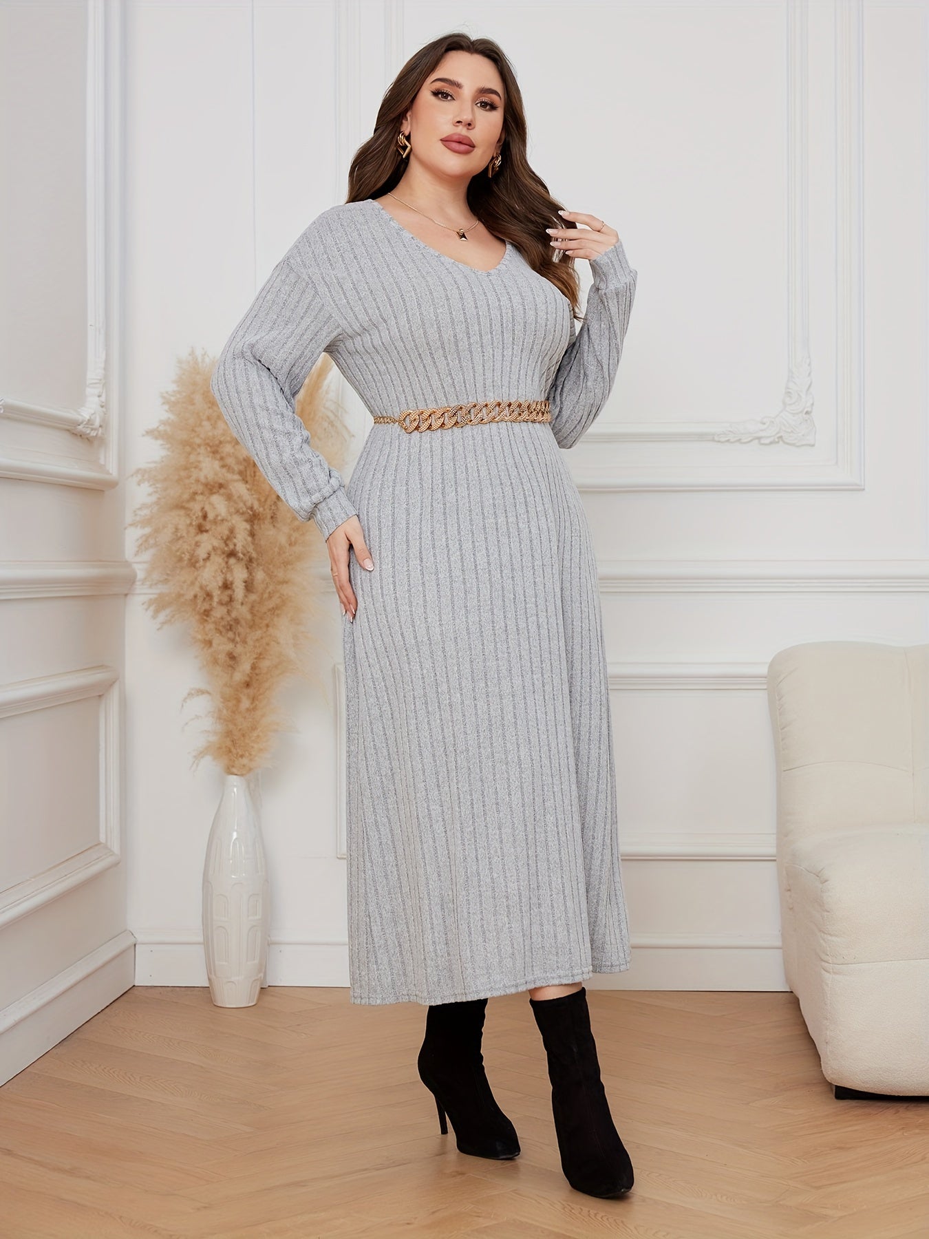  Casual Dress Solid Ribbed Drop Shoulder V Neck Midi Dress