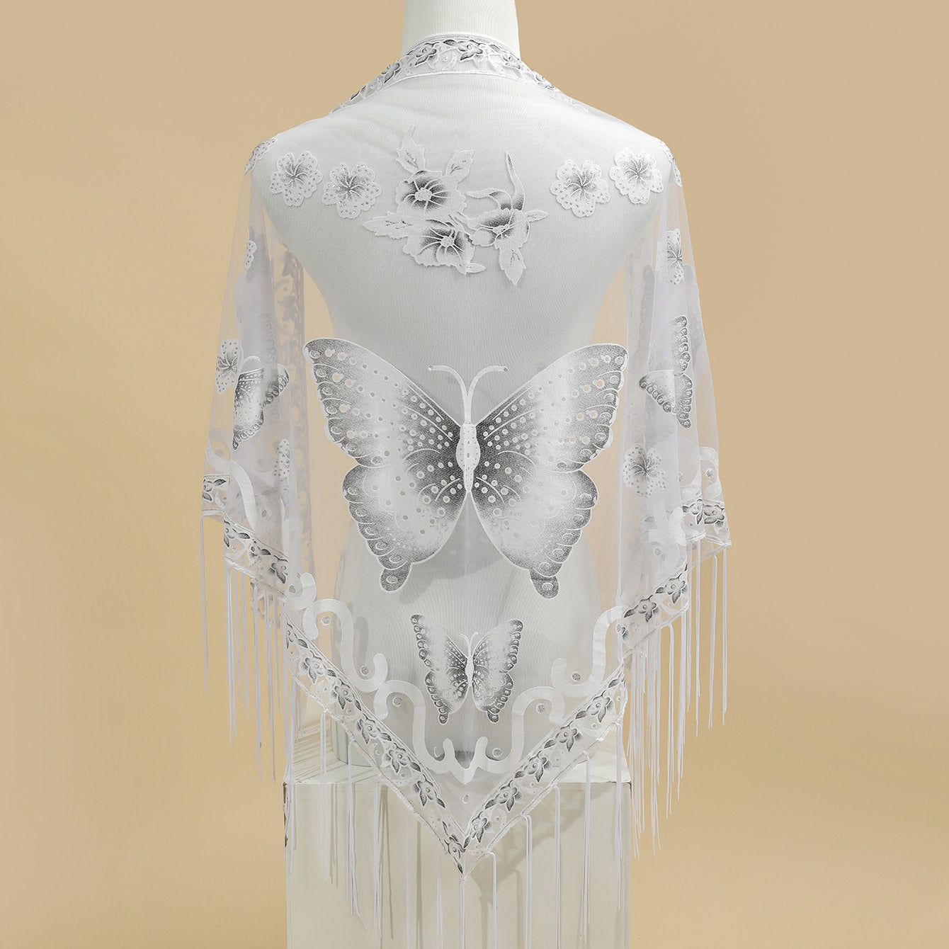 Triangle Scarf Butterfly Flower Embroidery Lace Tassel Shawl
