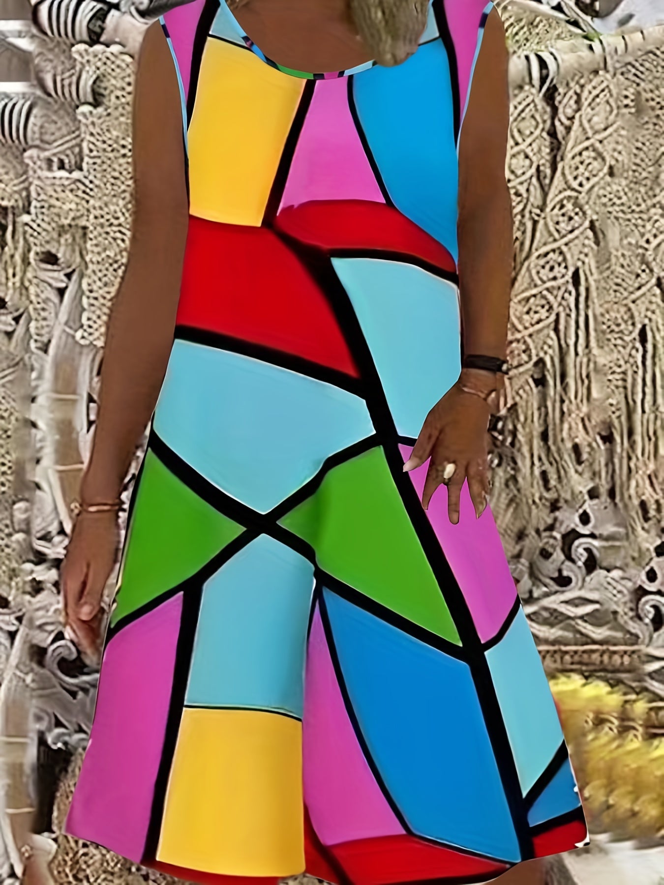  Geometric Print Tank Dress Round Neck Stretch Dress