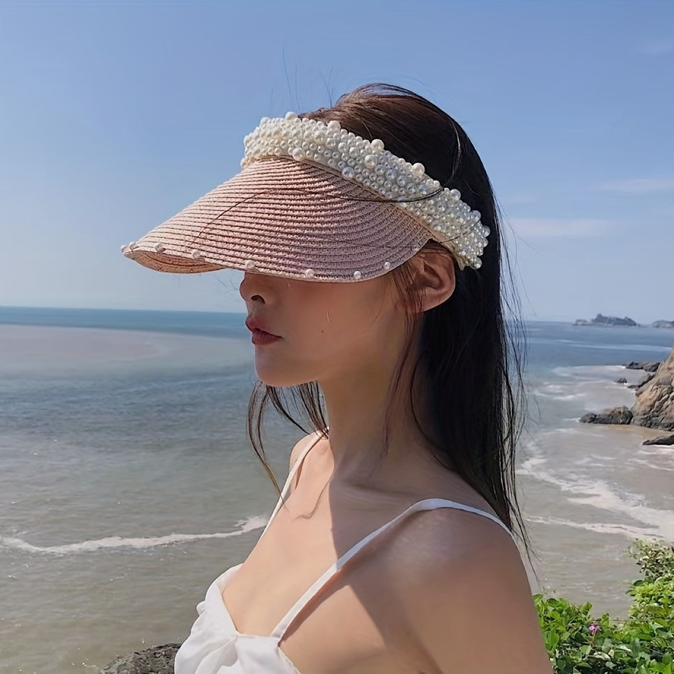 Straw Ponytail Sun Hat with Faux Pearl Decor