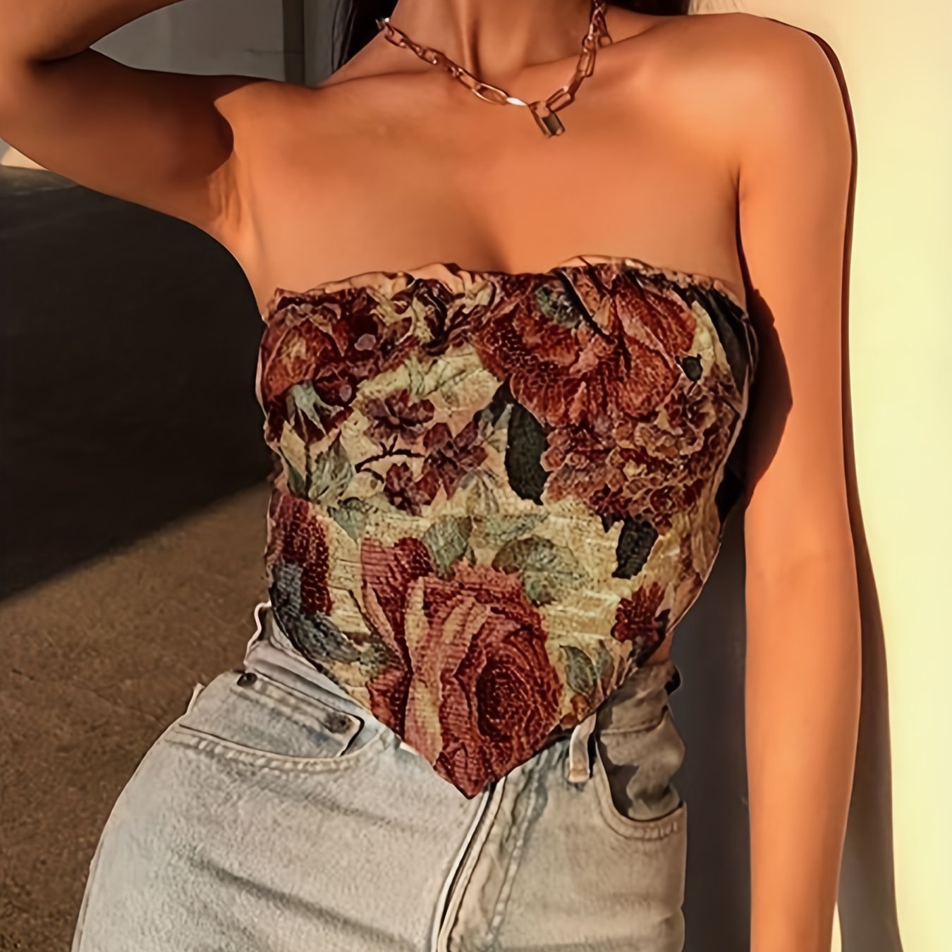 Floral Print Tube Top Backless Strapless Top