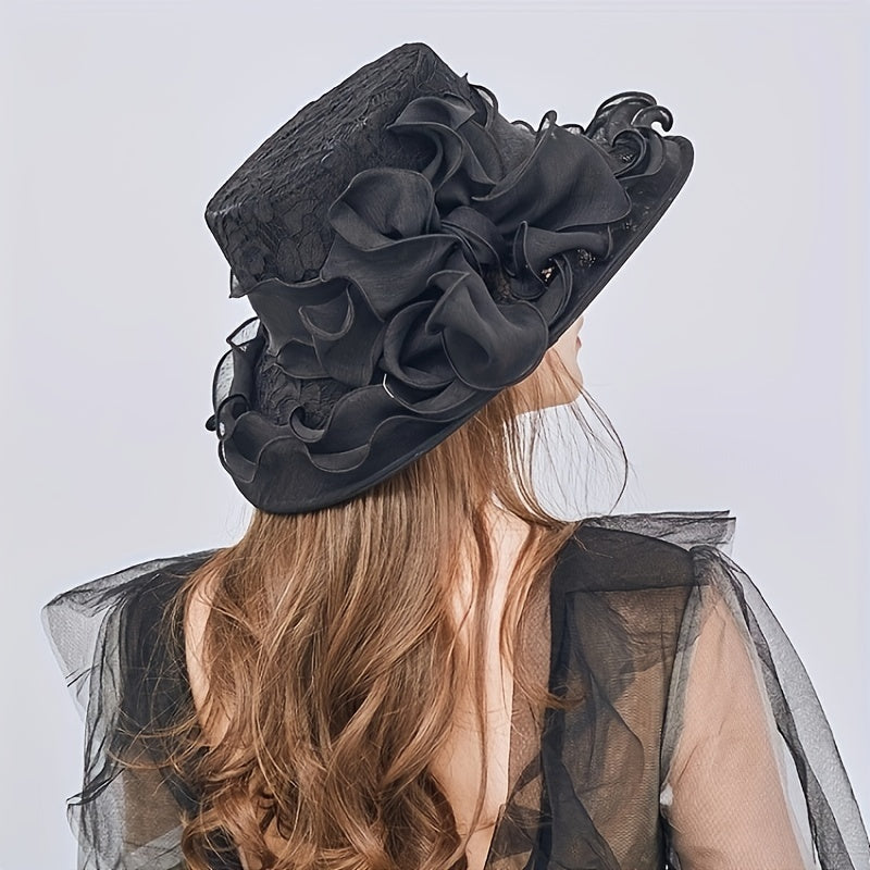 Ruffles Wide Brim Sun Hat Solid Organza Lace Bowknot Derby Hat