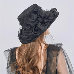 Ruffles Wide Brim Sun Hat Solid Organza Lace Bowknot Derby Hat