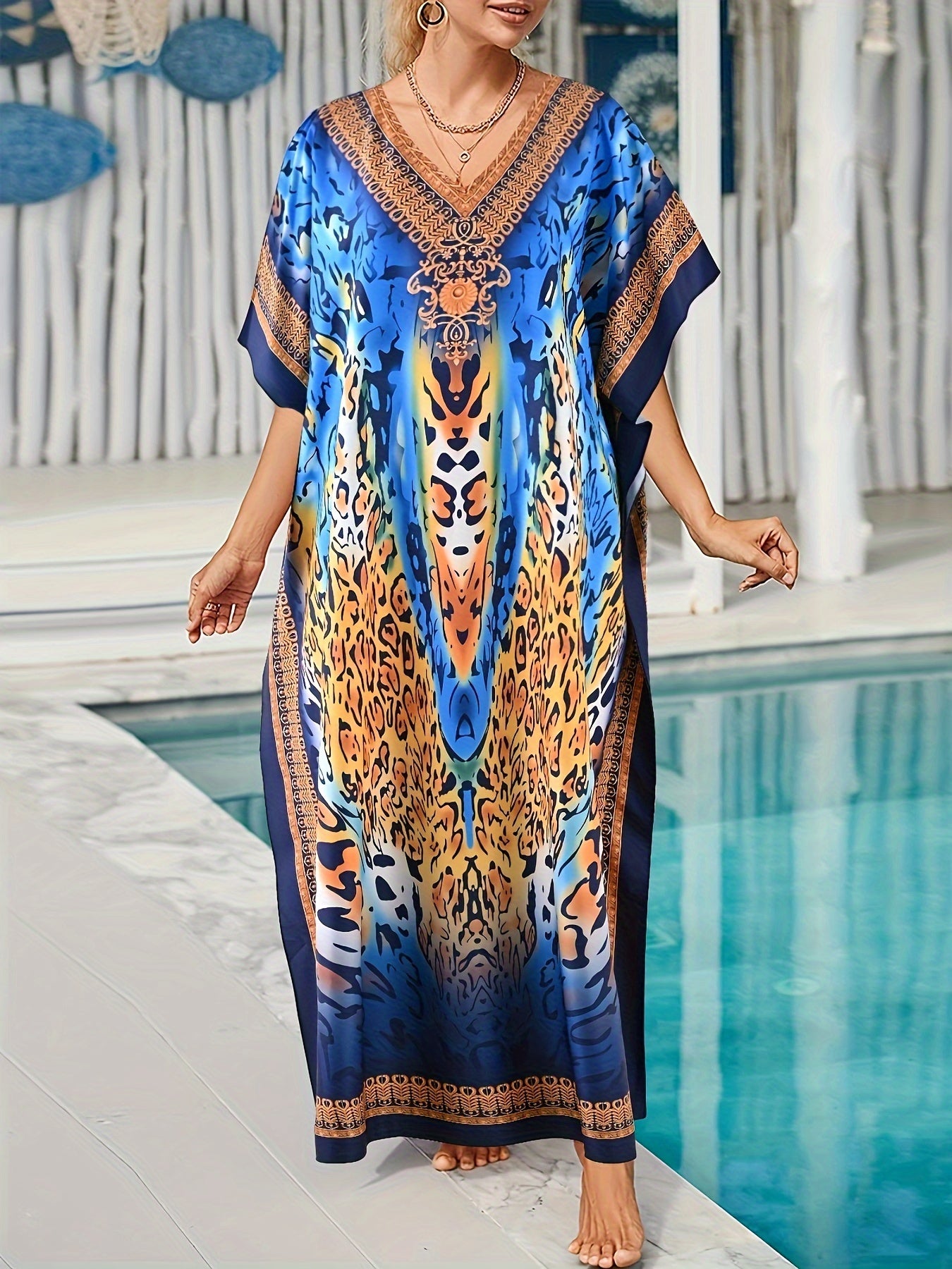  Boho Kaftan Dress Leopard Print V Neck Maxi Beachwear Dress