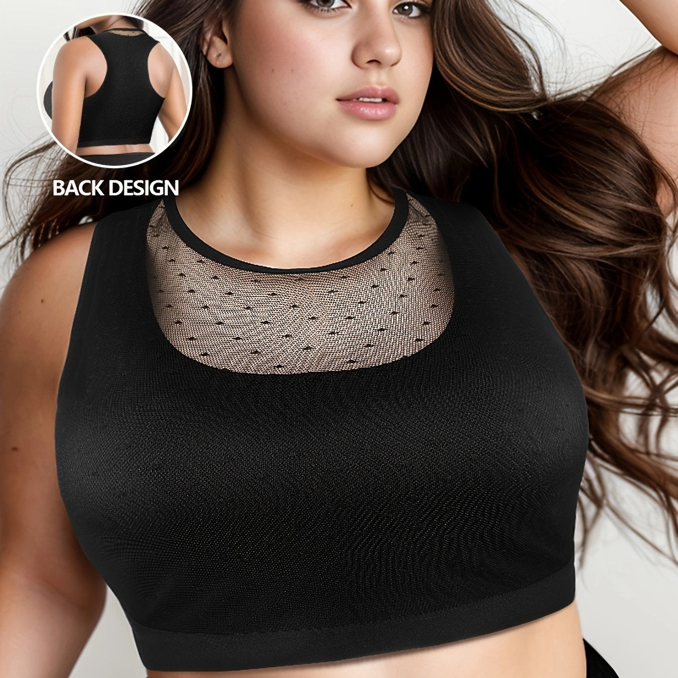  Sports Bra Contrast Dot Mesh Round Neck Stretch Fitness Bra