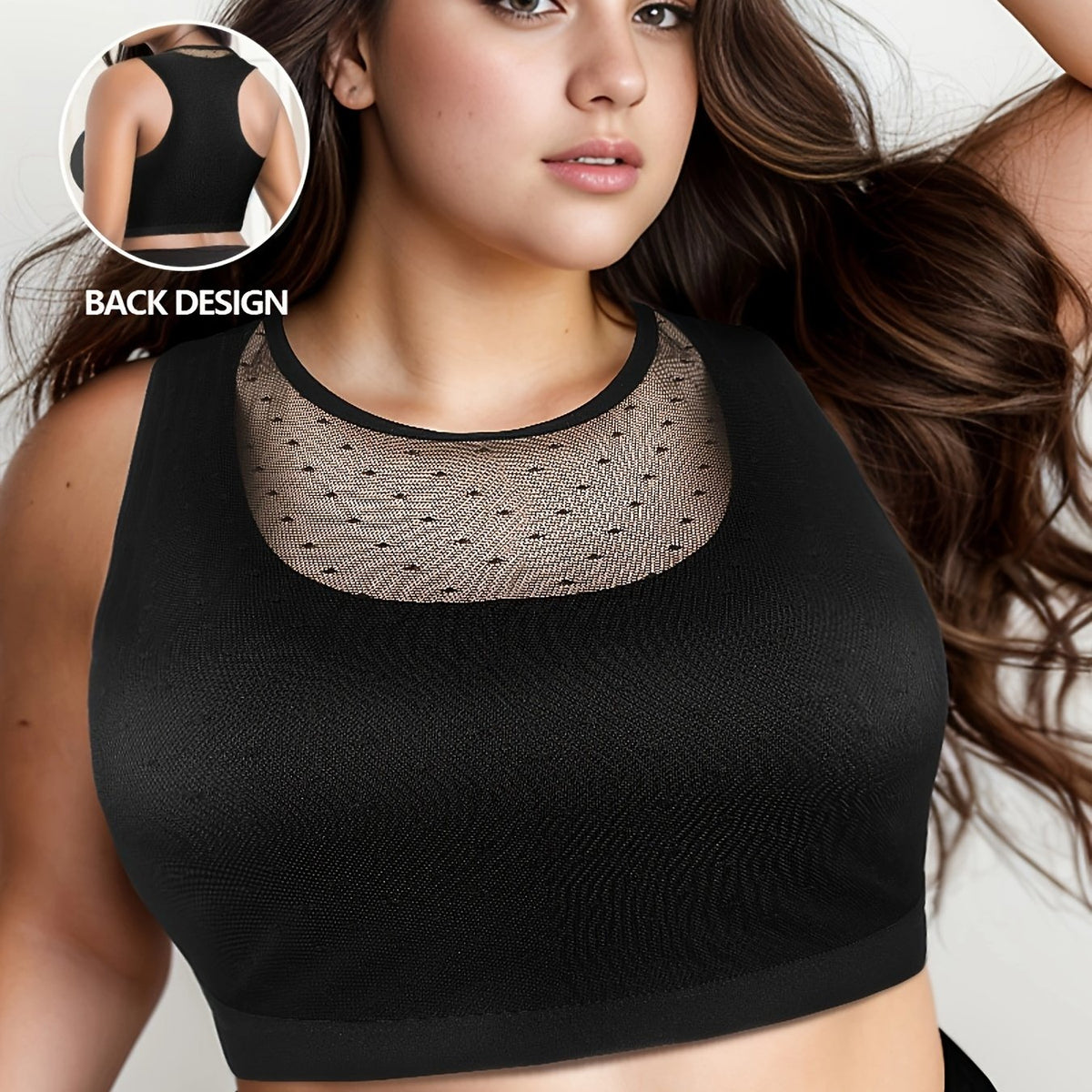  Sports Bra Contrast Dot Mesh Round Neck Stretch Fitness Bra