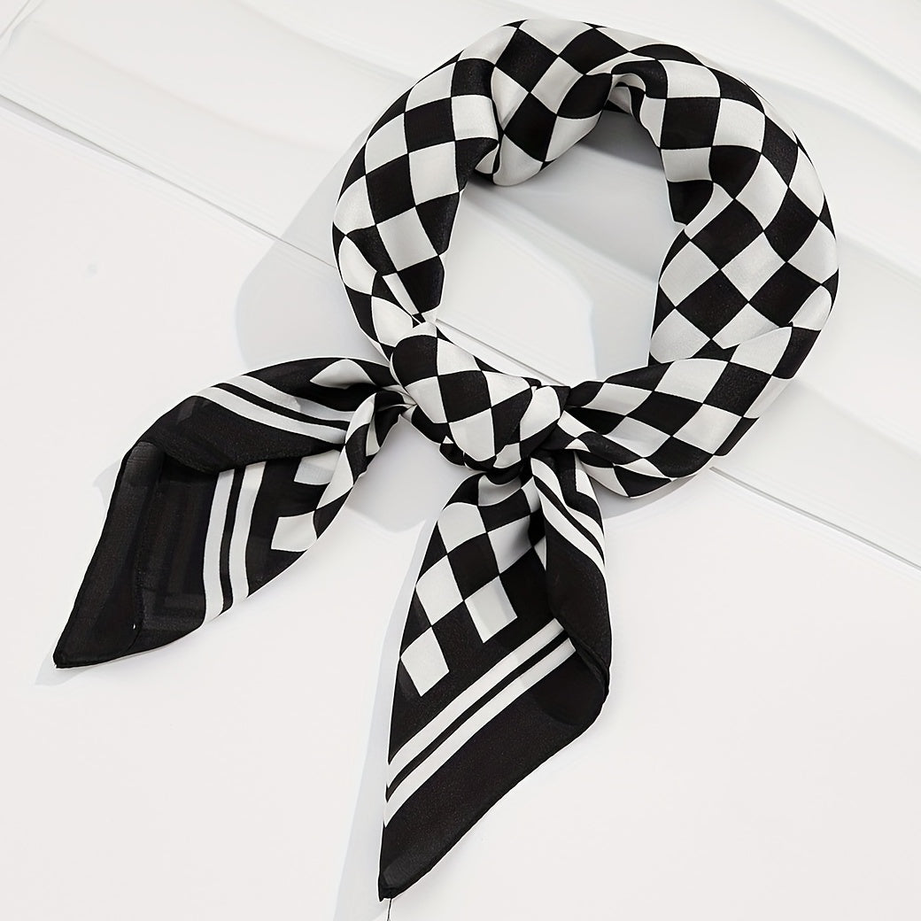 Checkerboard Print Bandana Silk Scarf for Women