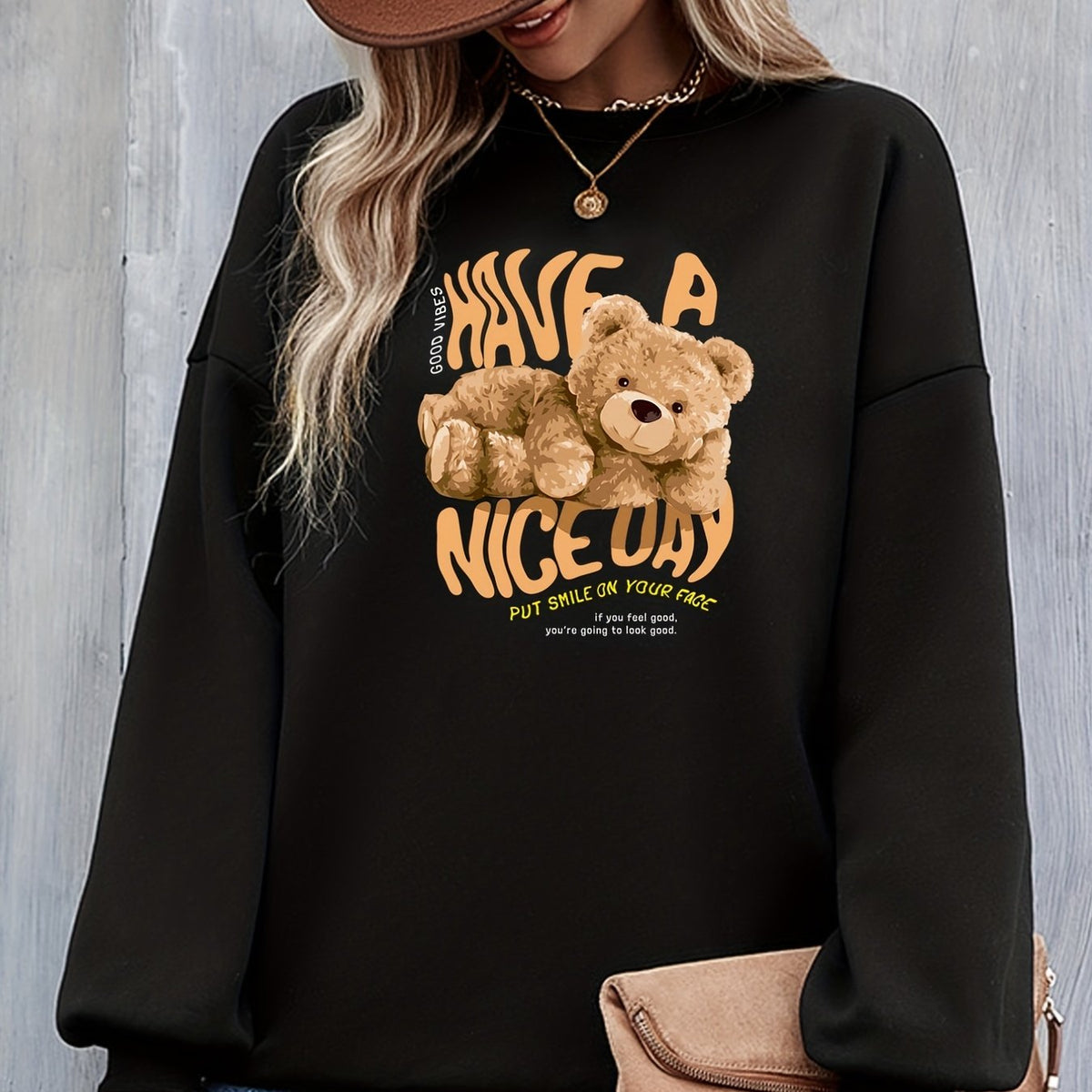Bear & Slogan Print Crew Neck Sweatshirt for Women