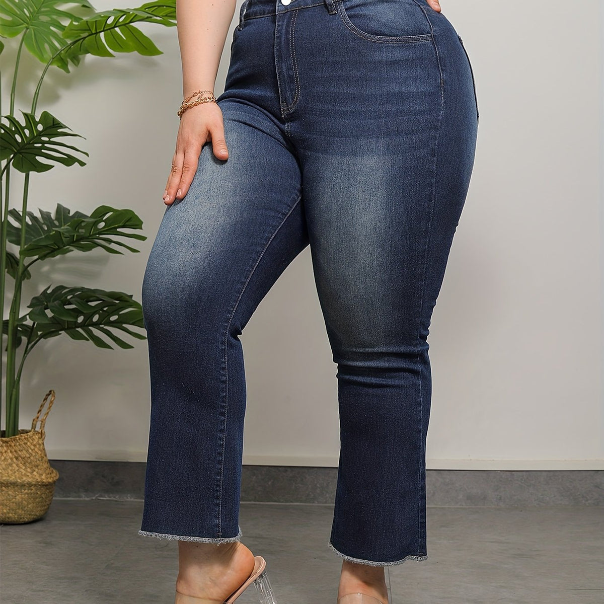  Washed Button Fly Fringe Trim Stretch Jeans