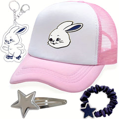 4pcs Rabbit Print Trucker Hat, Kpop Keychain, Pentagram Clip, Hair Tie