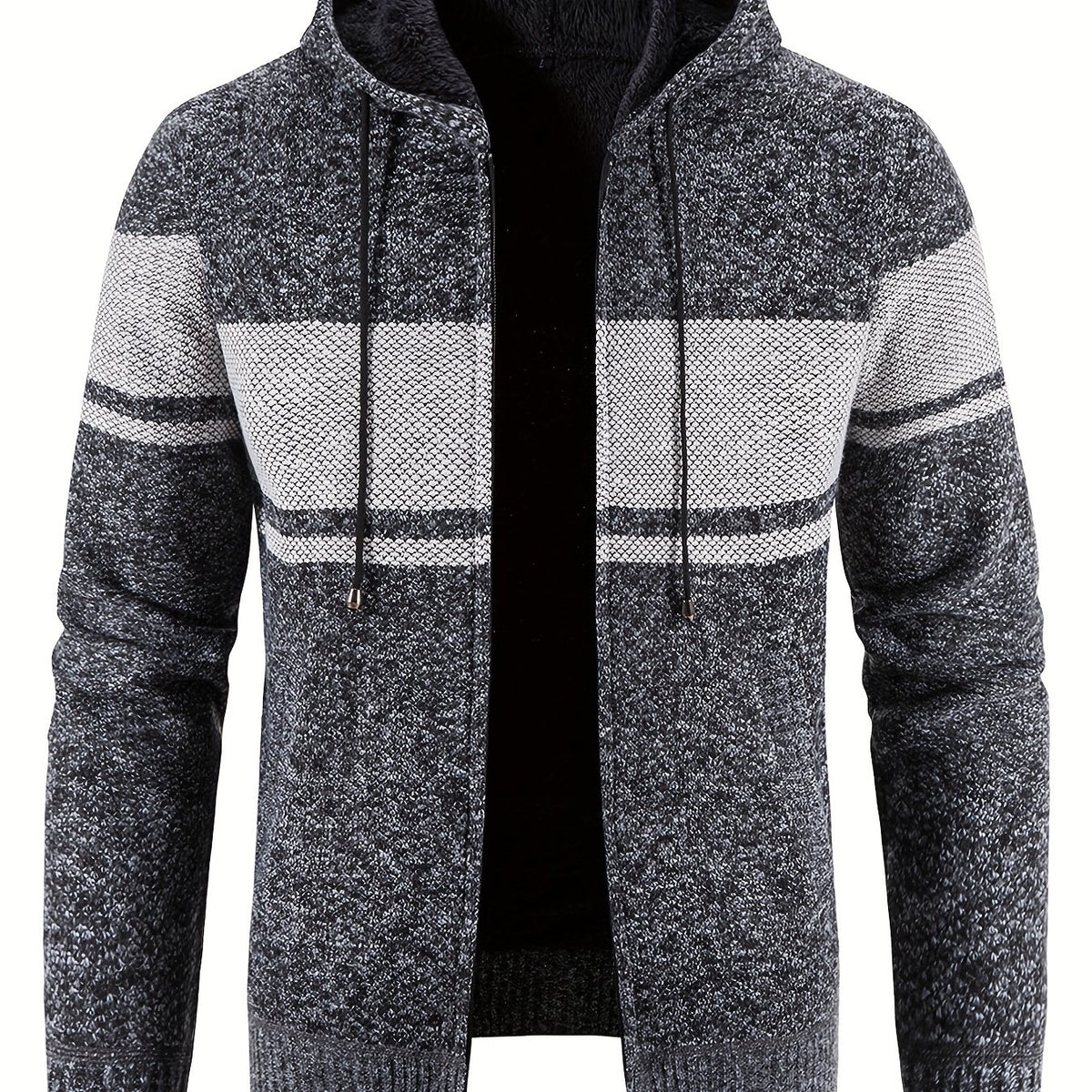 Knitted Block Hooded Sherpa Lined Cardigan Casual Zip Up Jacket