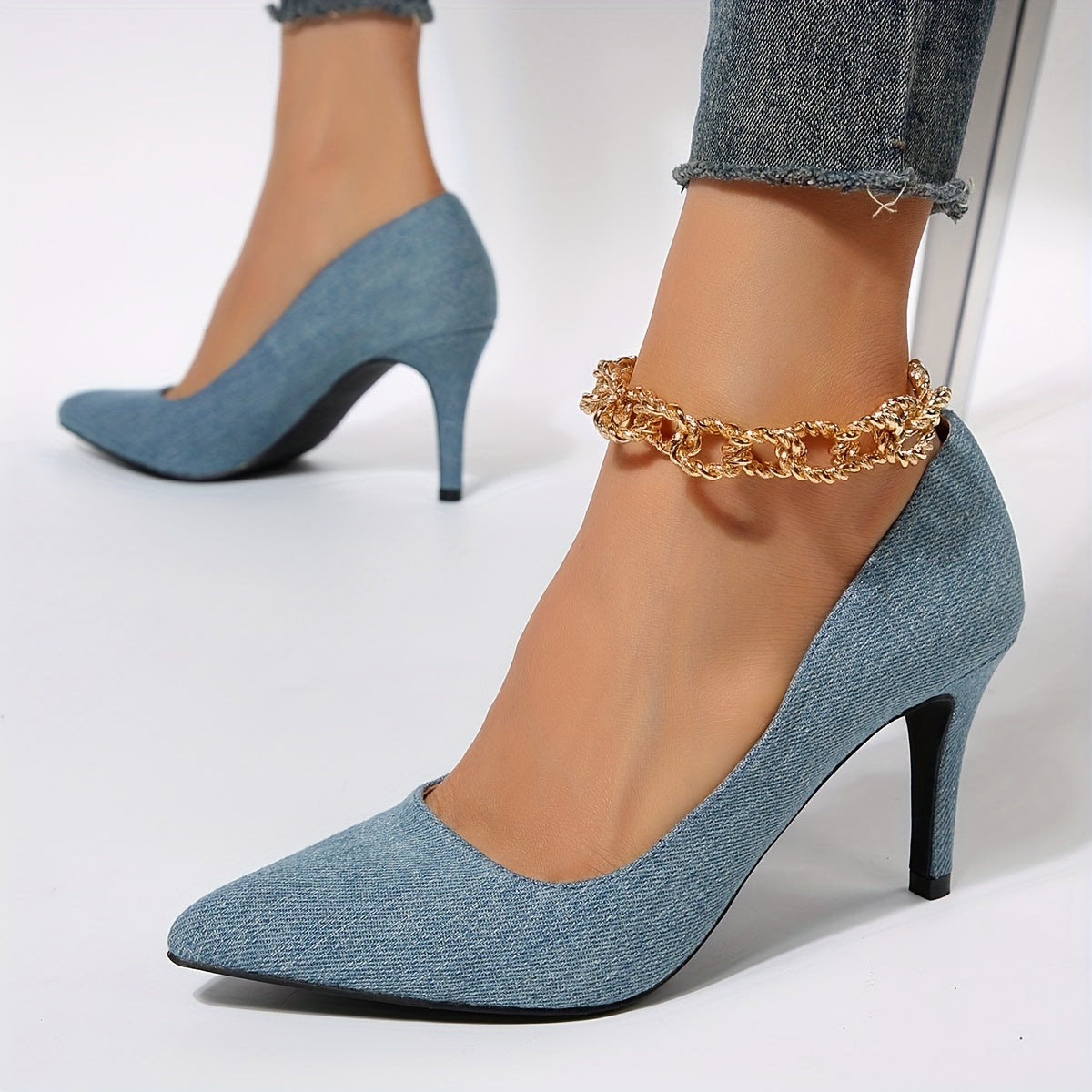 Women's Denim Stiletto Heels Point Toe Work Pumps