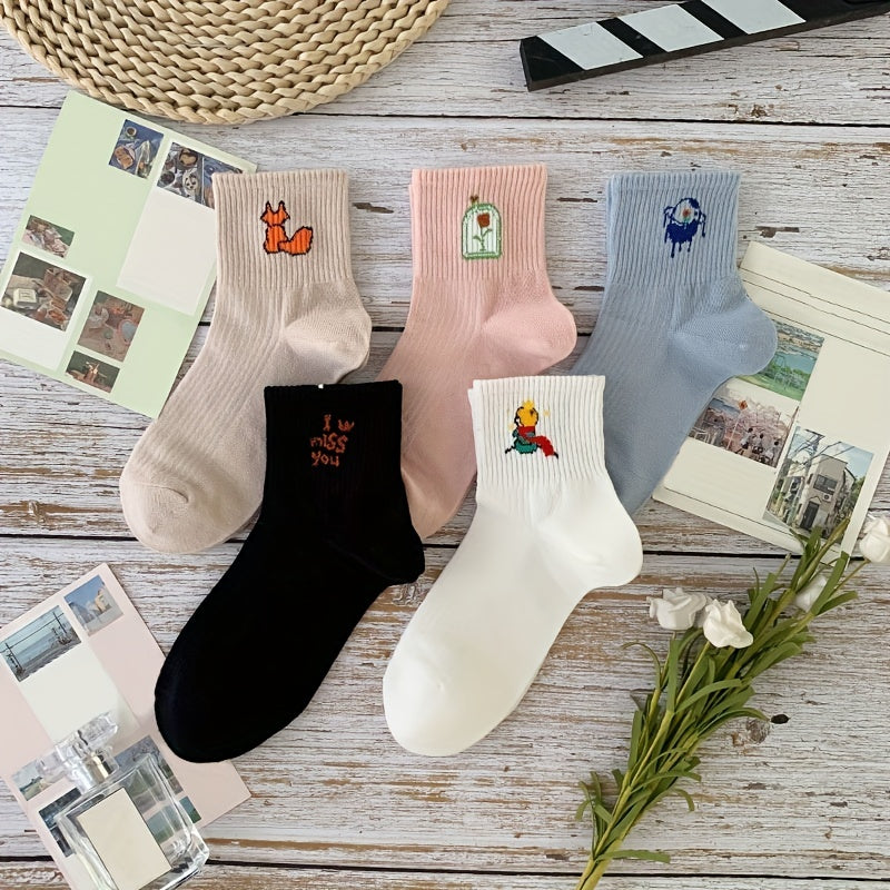 5 Pairs Cartoon Print Socks Women's Stockings & Hosiery