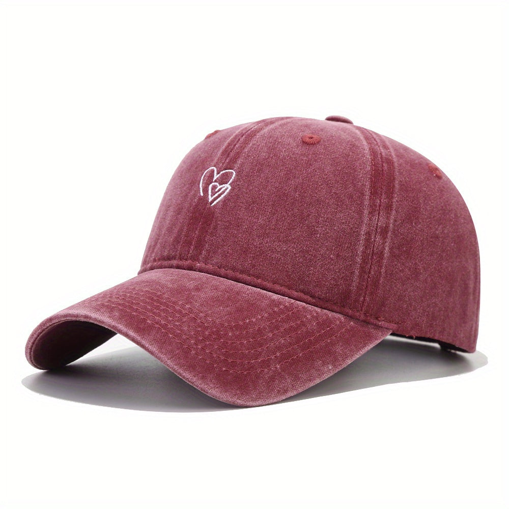 Double Heart Embroidery Baseball Cap Washed Distressed Dad Hats