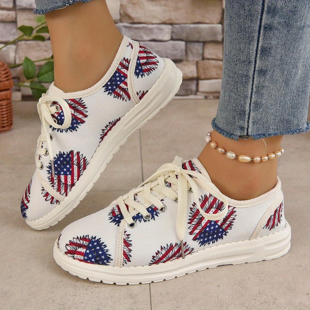 Women's Sunflower Canvas Shoes Flag Graphic Lace Up Flat Sneakers