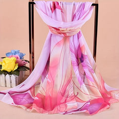 Lotus Print Chiffon Scarf Block Boho Sunscreen Shawl Windproof Head Wrap