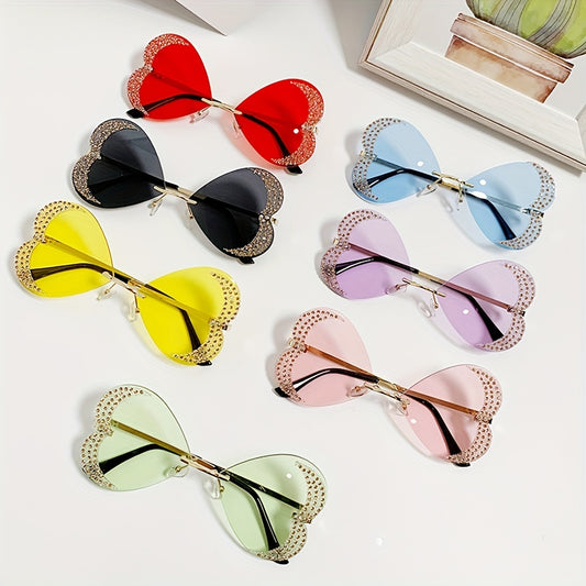 Y2K Rhinestone Heart Sunglasses Glitter Rimless UV400 Sun Shades