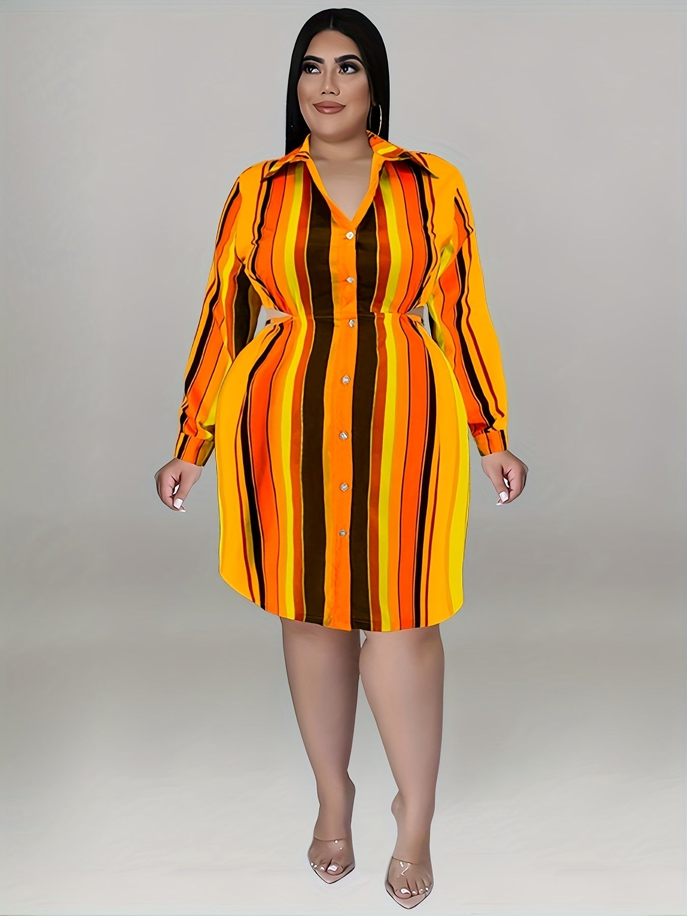  Colorblock Stripe Print Button Up Shirt Dress