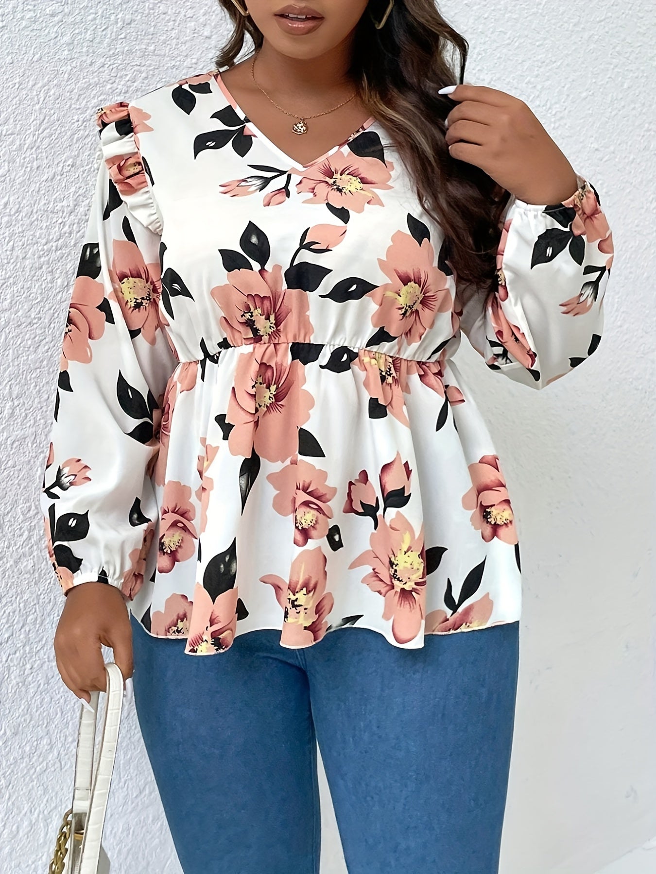  Floral Print Lantern Sleeve V Neck Ruffle Trim Bow Blouse