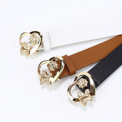 Rose Butterfly Heart Buckle Belt Classic Solid PU Leather Belt For Women