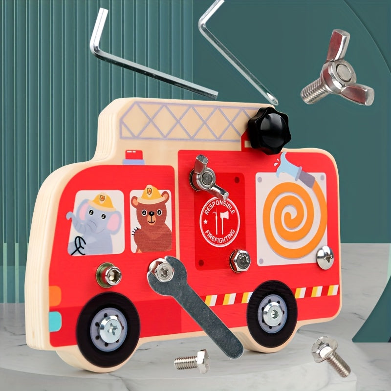 Wooden Disassembly Screw and Nut Fire Truck Set Busy Board Toy