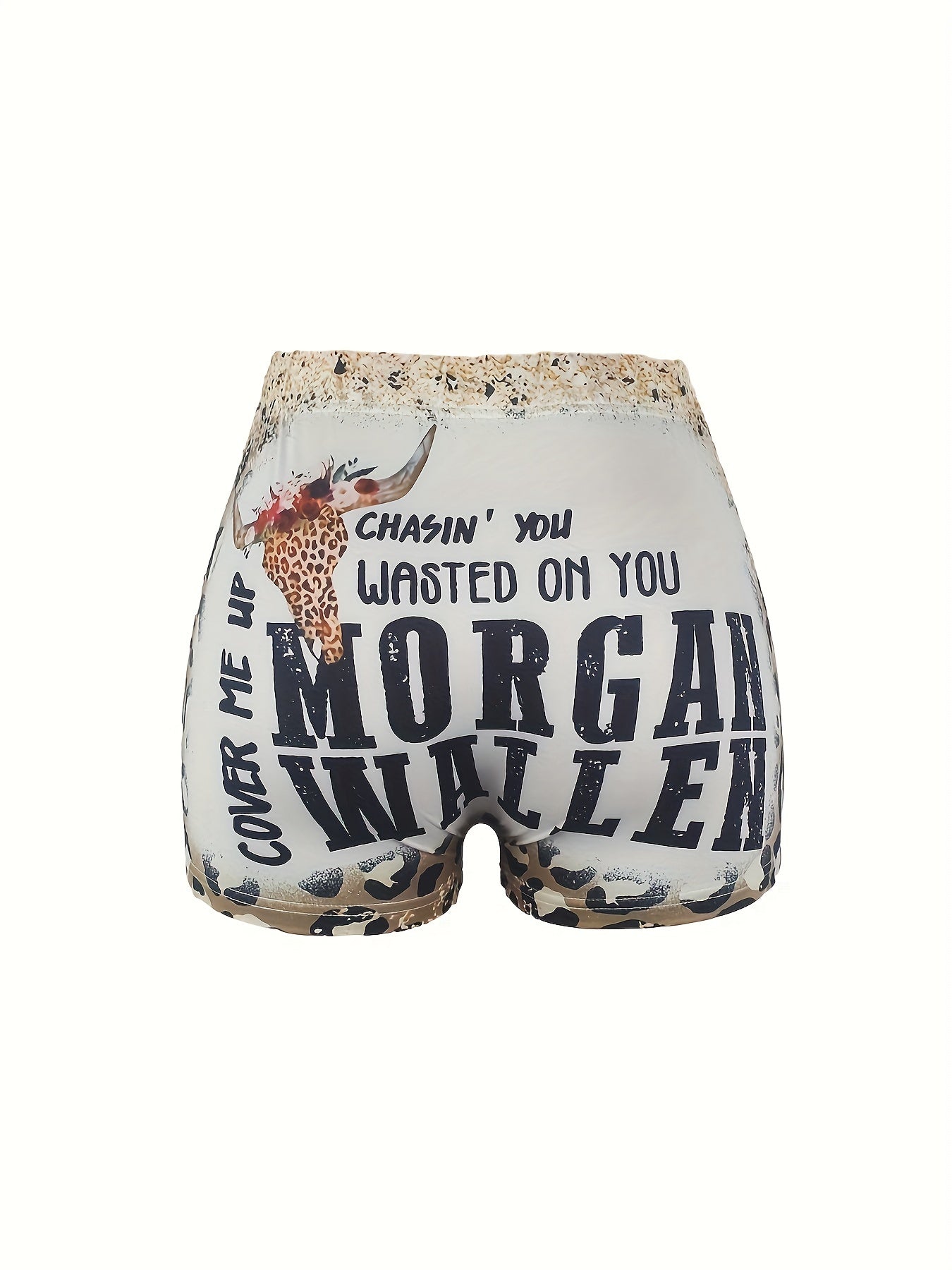 Plus Size Leopard & Slogan & Bull Skull Print High Rise Skinny Shorts