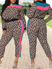 Leopard Print Zip Up Jacket & Pants Set Plus Size Casual Bodycon 2pcs Set